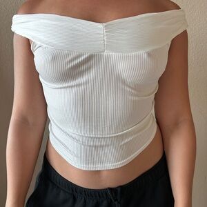 Off-Shoulder Cream Ribbed Crop Top